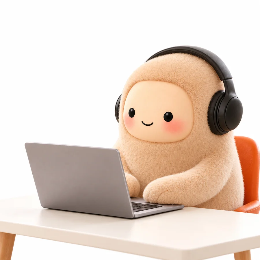 ヘッドホンをつけてパソコンに向かう、かわいいJollyのイメージ